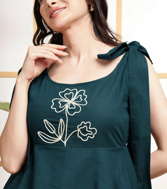 Teal Embroidered Tiered Layered Women's Dress