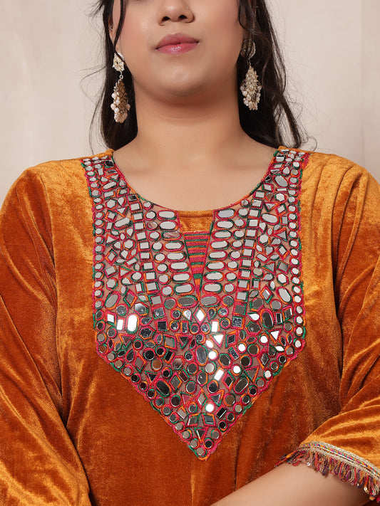 Velvet Mustard Kurti Multi Colour Embroidered Neck Patch Sharara With Dupatta Women Indo Western Women Co-Ord Set