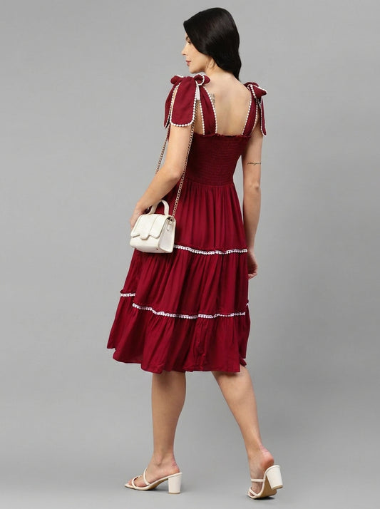 Maroon Solid Rayon Tiered Women's Dress