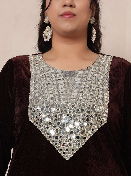 Velvet Brown Kurti Embroidered Neck Patch Sharara With Dupatta Women Indo Western Women Co-Ord Set