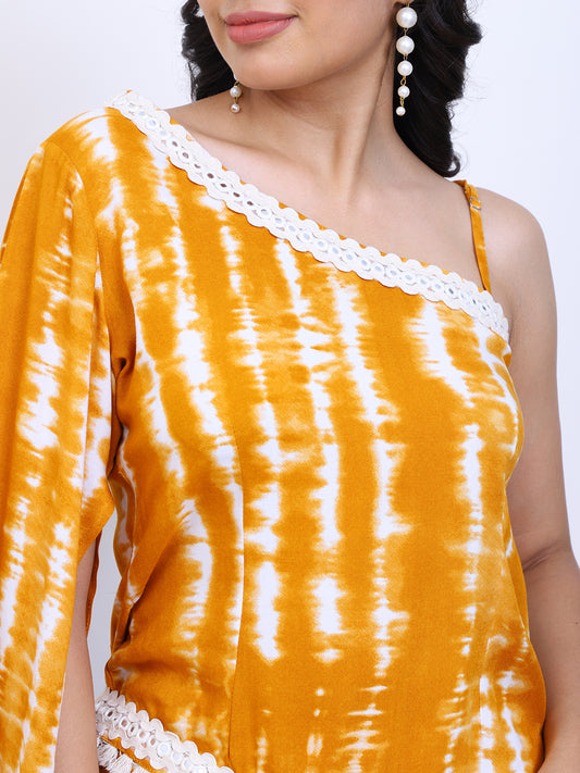 Mustard Tie Dye Asymmetric Cut With Long Bell Sleeve 
Ethnic Indo Western Women Co-Ord Set