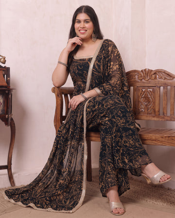 Black Abstract Printed Chiffon Kurta & Palazzo With Dupatta Indo Western Women's Plus Size 3 Piece Set