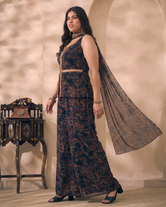 Black Abstract Printed Chiffon Corset Top & Palazzo With Dupatta Women's Plus Size 3 Piece Set