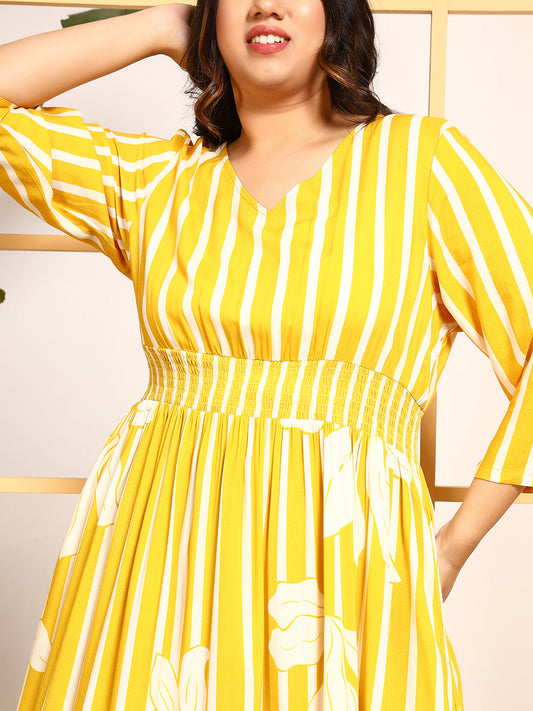 Yellow Striped Placement Print A-Line Women's Plus Size Dress