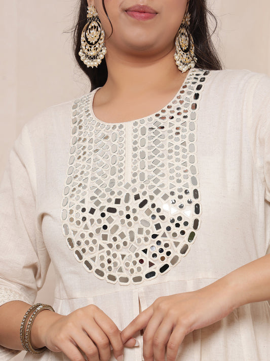 Pure Cotton Mirror Embroidered Neck Patch Anarkali Kurta With Palazzo Indo Western Co-ord Set