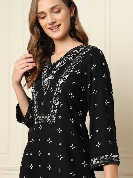 Black Motif Printed Kurta With Palazzo Ethnic Women Co-Ord Sets