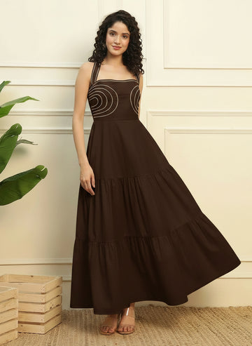 Chocolate Brown Cotton Halter Strappy Neck Women Maxi Dress