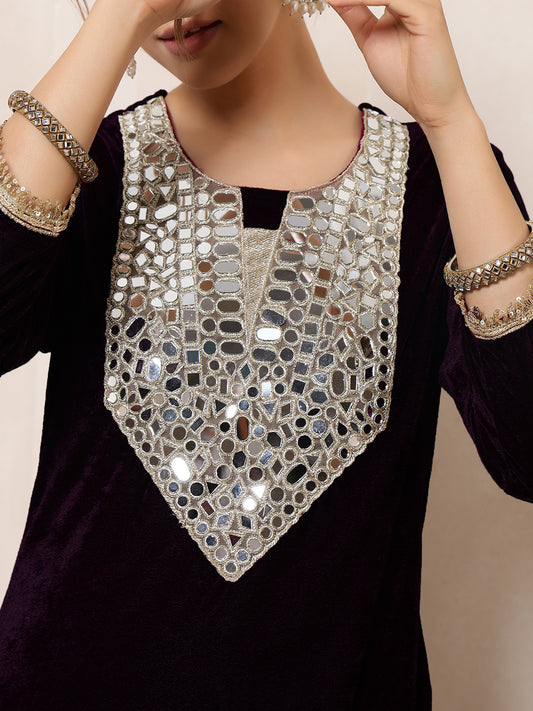 Velvet Black Kurti Embroidered Neck Patch Sharara With Dupatta Indo Western Women Co-Ord Set