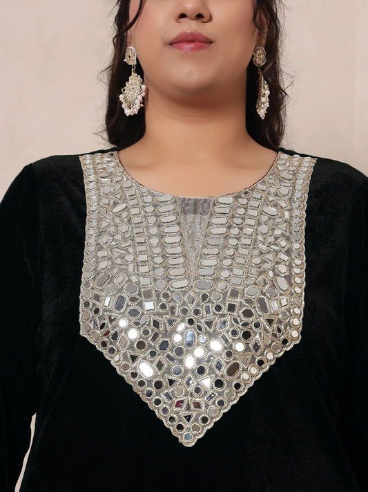 Velvet Black Kurti Embroidered Neck Patch Sharara With Dupatta Women Indo Western Women Co-Ord Set