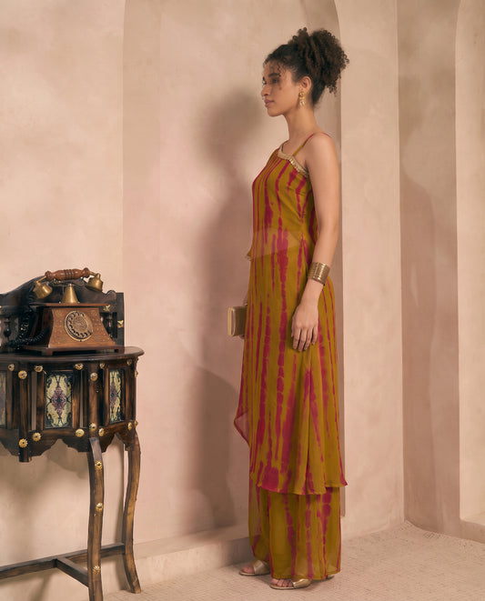 Olive Chiffon Tie Dye One Shoulder Tunic With Palazzo Indo Western Women Co-ord Set