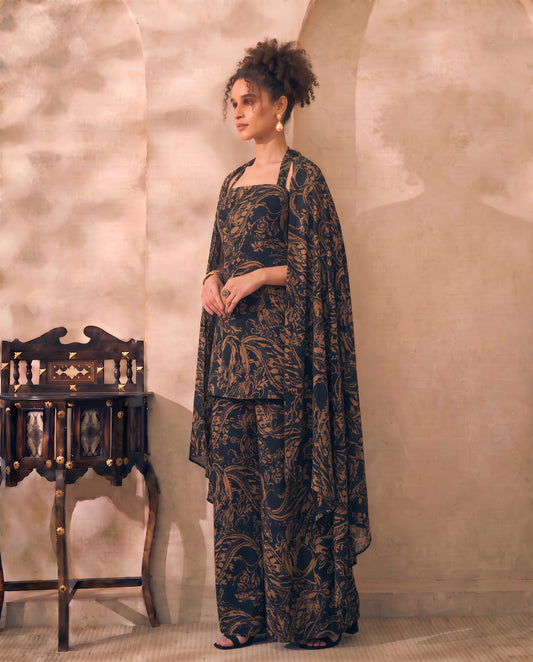 Black Printed Halter Neck Kurti Palazzo With Dupatta Indo Western Women Set