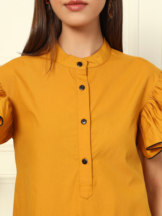 YELLOW A LINE HIGH LOW PATCH WORK WOMEN DRESS