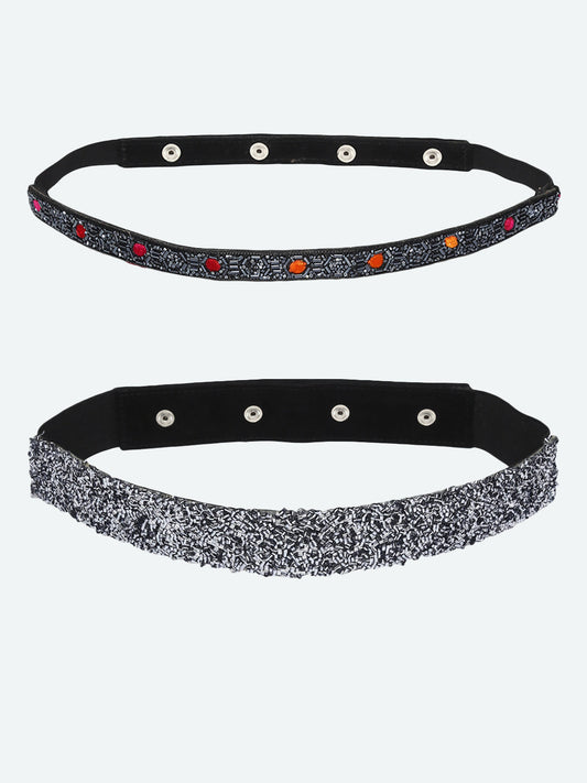 Women's Pack Of 2 Silver-Toned Black Embellished Belt