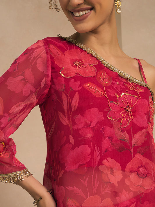 Magenta Floral Print One Shoulder Embroidered Tunic With Palazzo Women Indo Western Co-ord Set