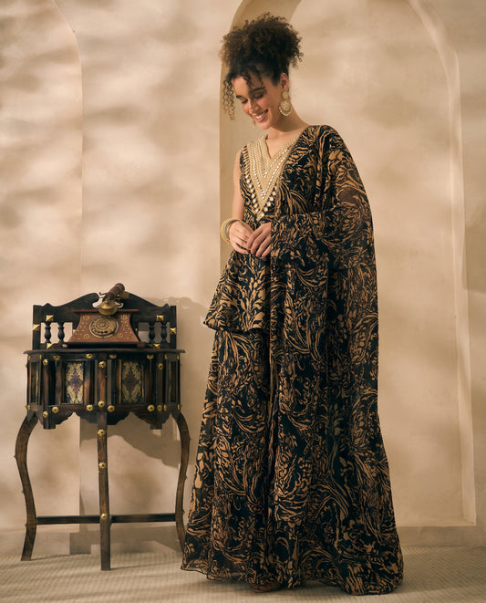 Black Abstract Printed Chiffon Peplum Top & Palazzo With Dupatta Indo Western Women 3 Piece Set