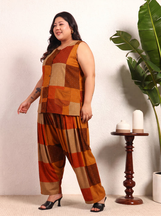 Multi Colour Patch Printed Top With Farsi Salwar Women's Plus Size Co-ord Set