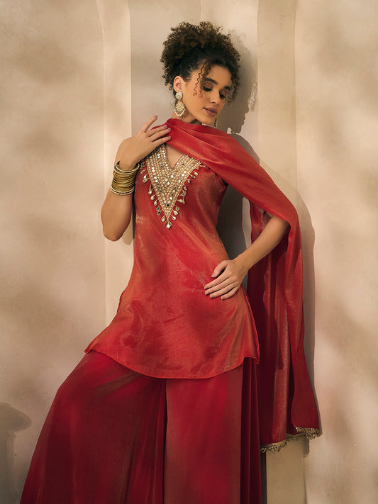 Red Lurex V- Neck Embroidered Neck Patch Kurta With Palazzo With Dupatta Indo Western 3 Piece Women Set