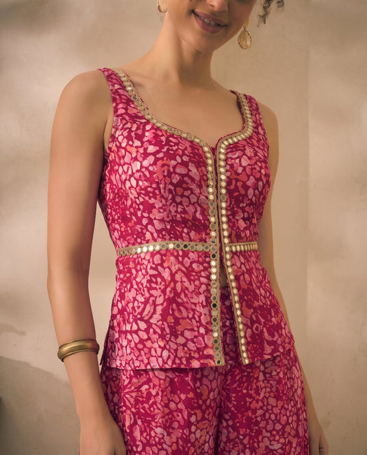 Magenta Floral Print Chiffon Corset Top & Palazzo With Dupatta Women 3 Piece Set