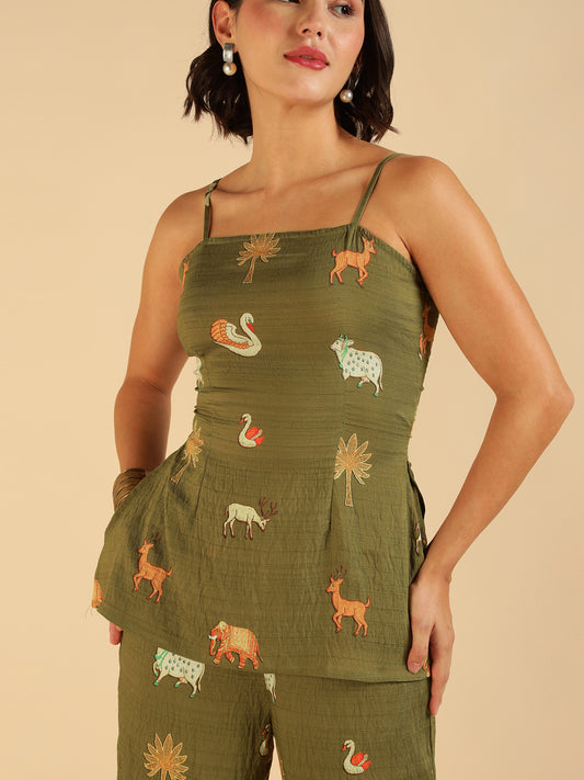 Olive Green Animal Border Printed Top & Pant Women Co-Ord Set
