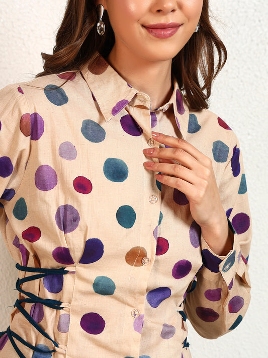 Multicolour Cotton Flex Polka Dots Side String Loop Womens Shirt
