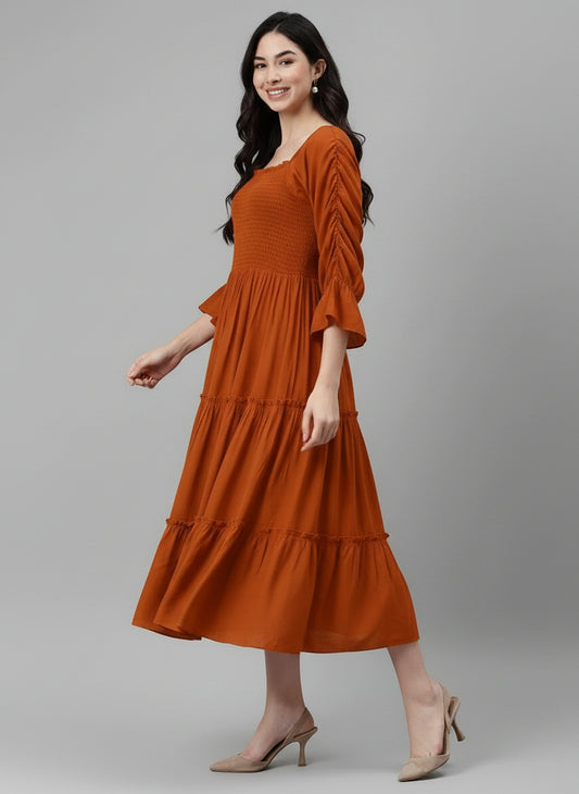 Tan Brown Solid Tiered Dress With Gathered Sleeves