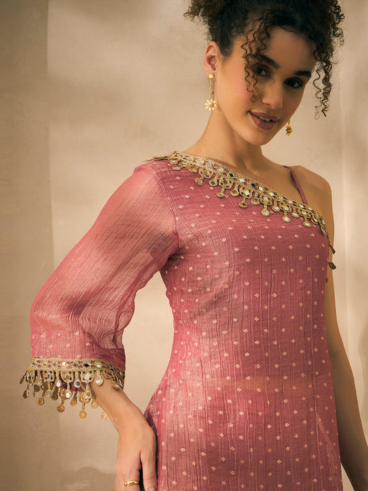 Pink Shimmer Crushed Butti Work One Shoulder Tunic With Palazzo Indo Western Women Co-ord Set