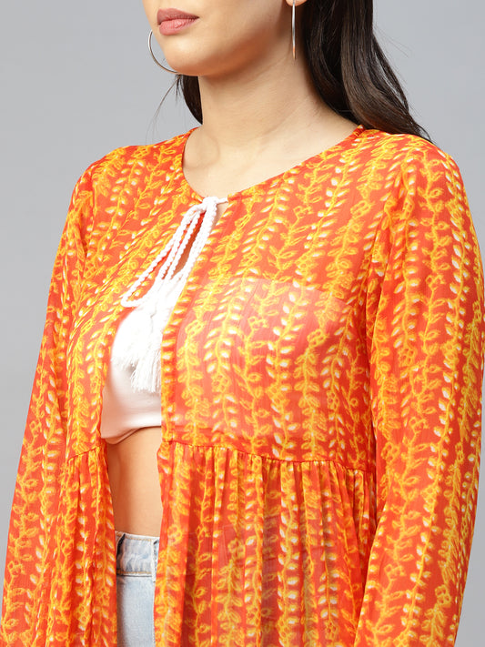 Orange Leaf Printed Tier Women Shrug