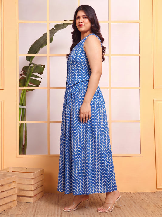Blue Zig Zag Print Poly Blend Waistcoat With Skirt Women Plus Size Co-ord Set