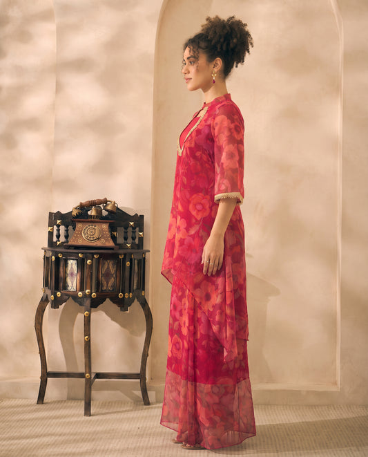 Magenta Floral Print Chiffon Kurta & Palazzo With Bustier Indo Western Women 3 Piece Set