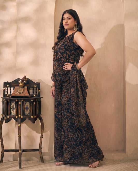 Black Abstract Printed Chiffon Peplum Top With Palazzo & Dupatta Plus Size Indo Western 3 Piece Women Set
