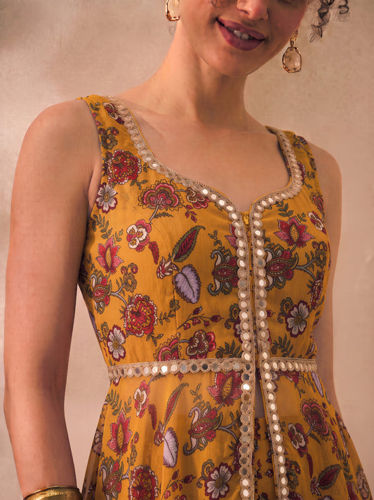 Yellow Paisley Chiffon Corset Top & Palazzo With Dupatta Women 3 Piece Set