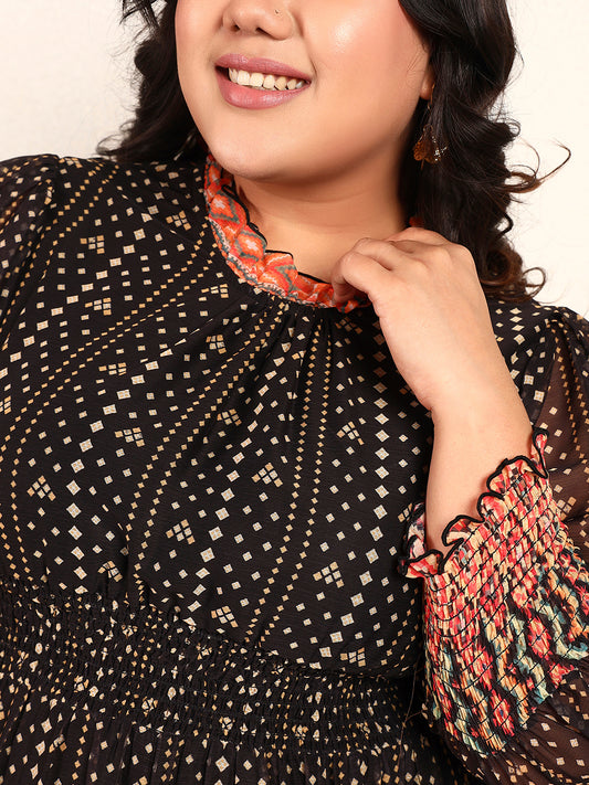 Black Chiffon Bandhani A-Line Womens Plus Size Dress