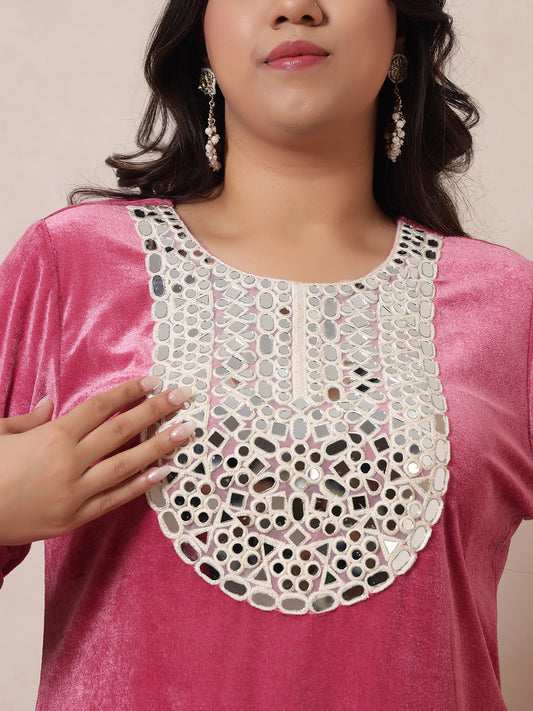 Velvet Pink Kurti Embroidered Neck Patch Sharara With Dupatta Women Indo Western Women Co-Ord Set