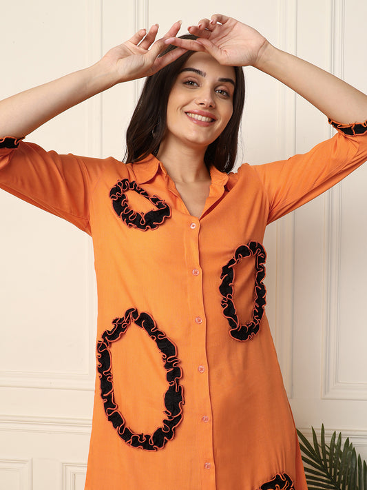 Orange Frilled Circle Designed Women Shirt Dress