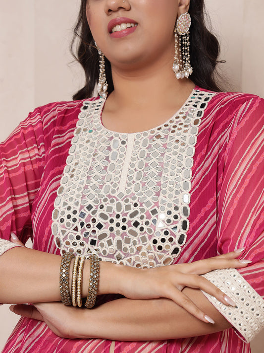 Magenta Pink Laheriya Anarkali Tunic With Embroidered Neck Patch With Palazzo Pant Women Indo Western Women Co-Ord Set