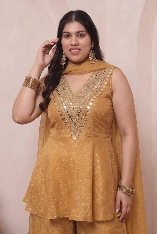 Shimmer Golden Butti Work Peplum Top & Palazzo With Dupatta Indo Western Women's Plus Size 3 Piece Set