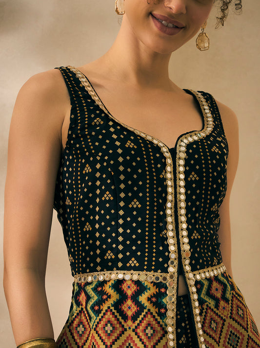 Black Bandhani Corset Top And Palazzo With Dupatta Women 3 Piece Set