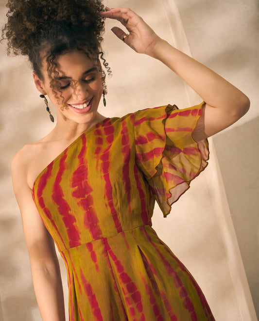Olive Tie Dye Chiffon One Shoulder Top With Palazzo Indo Western Women Set