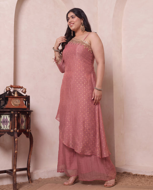 Pink Shimmer Crushed Butti Work One Shoulder Tunic With Palazzo Plus Size Indo Western Women Co-ord Set