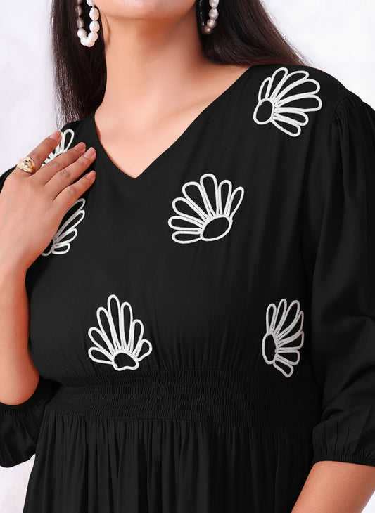 Black Pure Rayon Embroidered Tiered Maxi Dress
