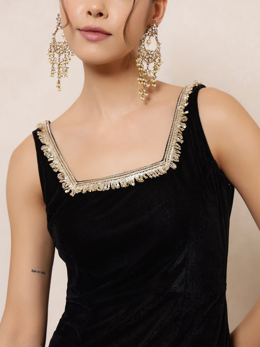 Black Squared Neck Kurta With Palazzo With Dupatta Indo Western Women 3 Piece Set