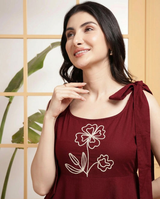 Maroon Cotton Solid Dori Work Tiered Layered Women's Dress