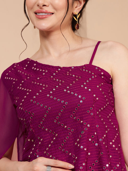 Magenta Sequence Embroidered One Shoulder Tunic With Sharara Indo Western Women's Co-Ord Set