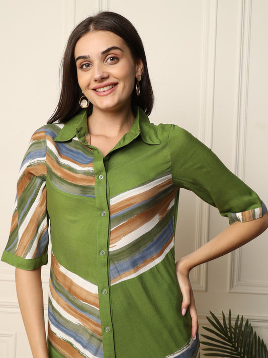 Lime Green With Multi Striped Women Shirt Dress