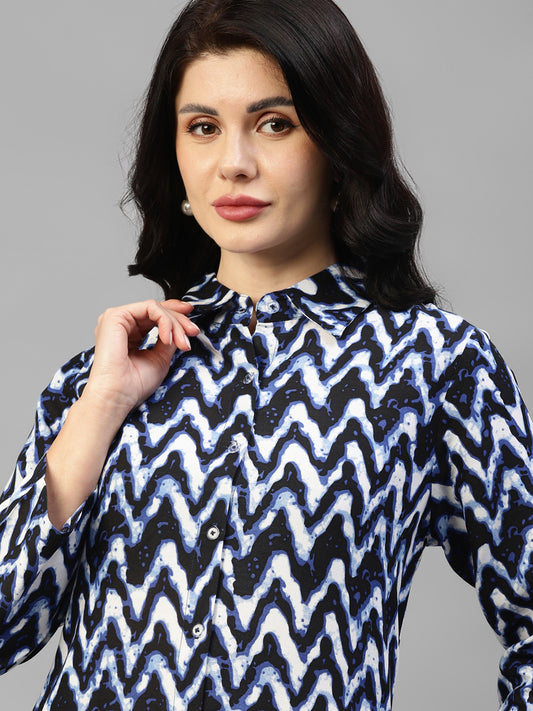 Blue Zig-Zag Viscose Rayon Women's Shirt Dress