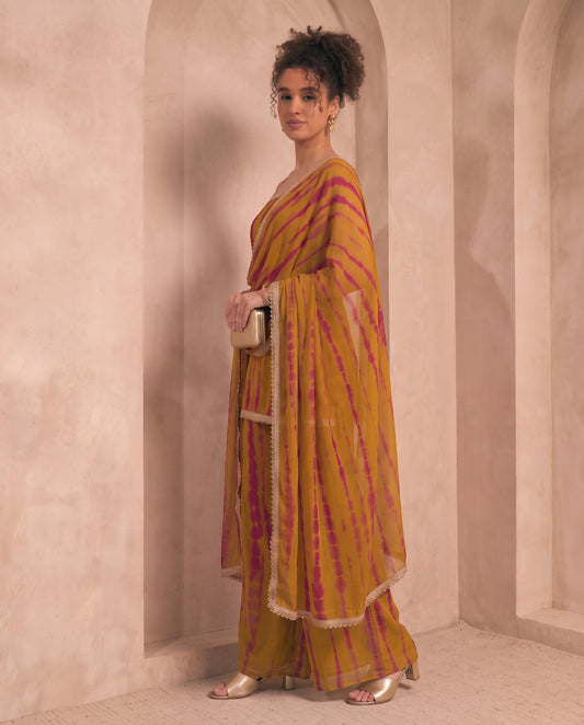 Olive Tie Dye Chiffon Squared Neck Kurta & Palazzo With Dupatta Indo Western Women 3 Piece Set