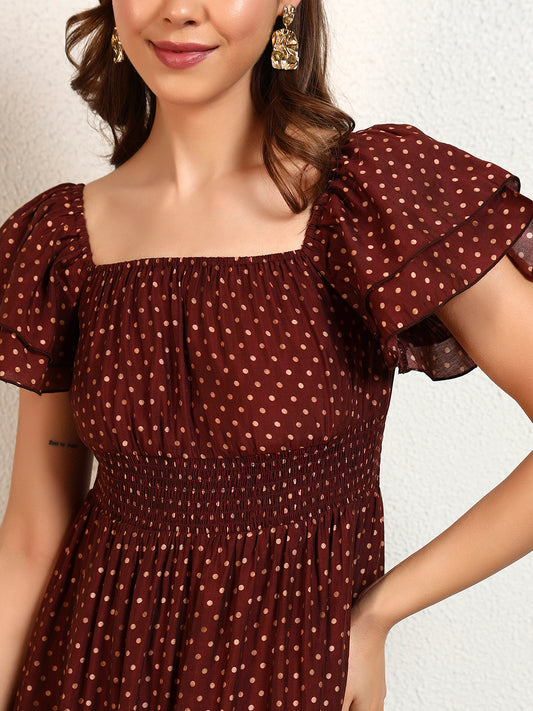 Brown Modal Chanderi Polka Dots Smocked Tiered Short Womens Dress