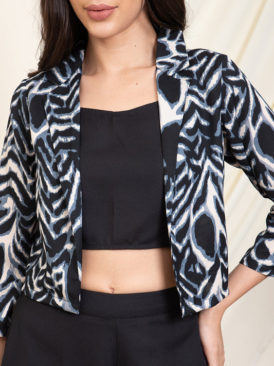 Black Printed Blazer With Inner Top With Palazzos Women Set