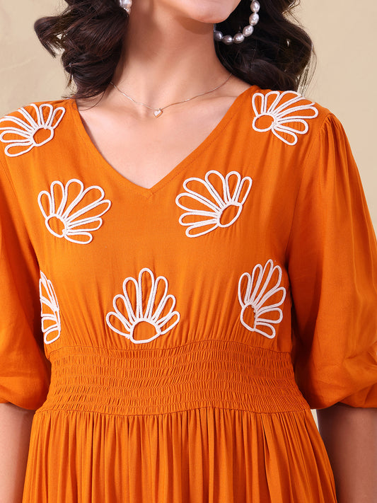 Tan Brown Pure Rayon Embroidered Maxi Tiered Dress