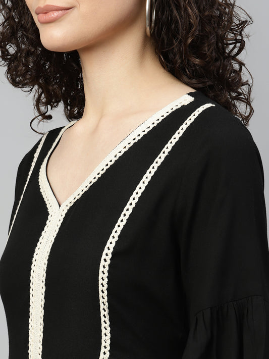 Black Rayon Dress With Woven Laces